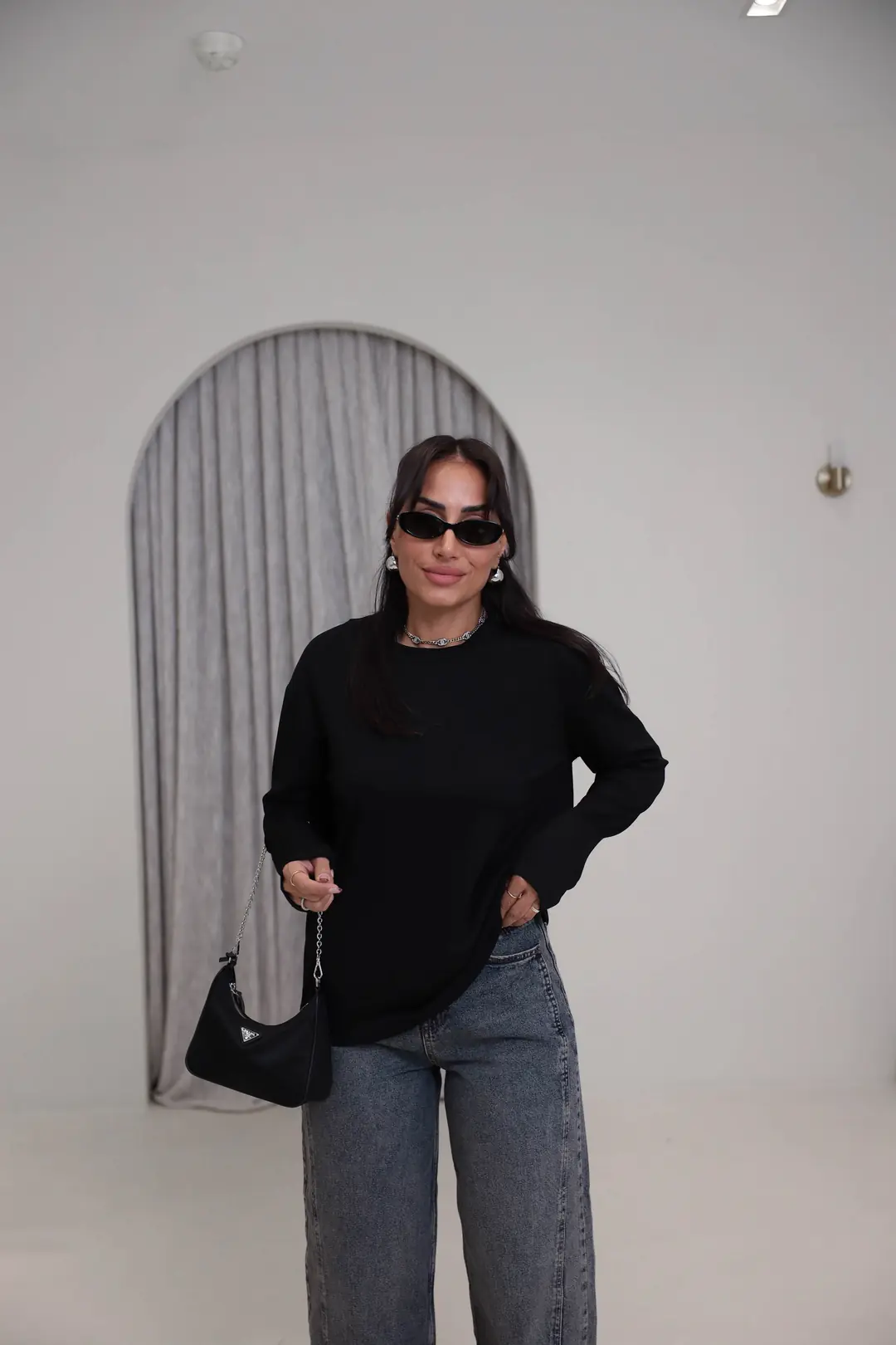 1448 Bisiklet Yaka uzun Kollu Oversize Tshirt SİYAH