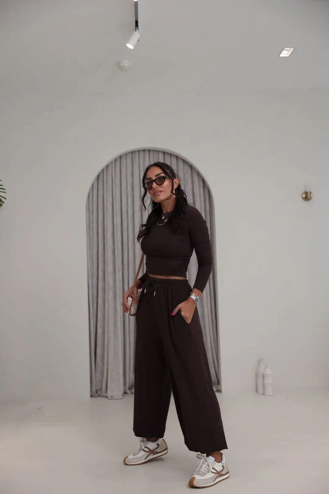 4289 Modal Drape Detaylı Şalvar Kesimli Bluz Pantolon Takım KAHVE