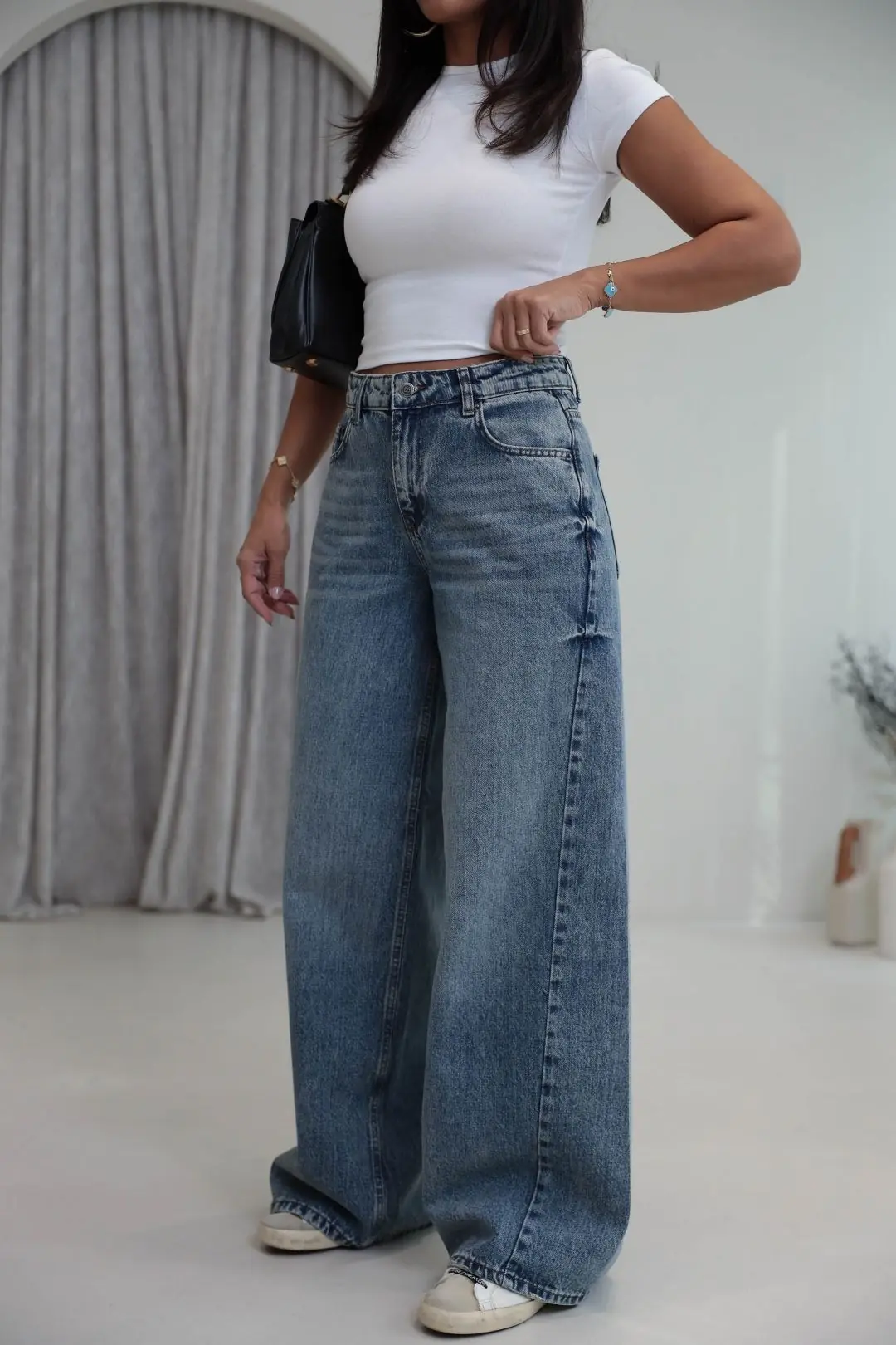 1020 Dikiş Detaylı Wide Leg Denim Pantolon AÇIK MAVİ