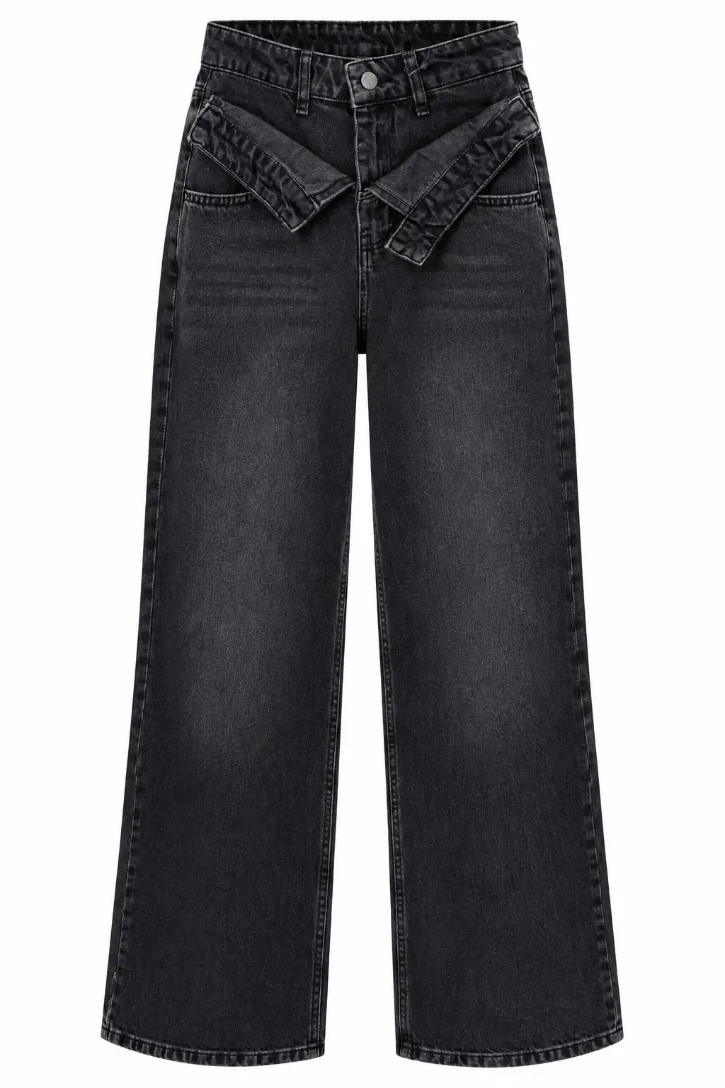 1065 Asimetrik Bel Detaylı Palazzo Denim Pantolon YIKAMALI SİYAH
