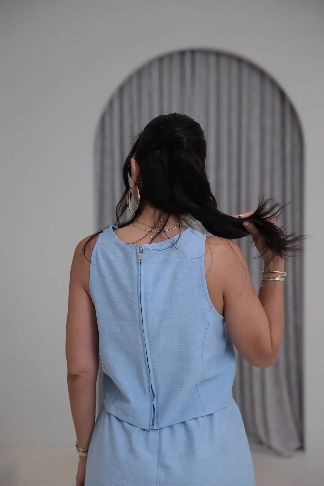 8568 Sıfır Kol Bluz Pantolon Takım BEBE MAVİ