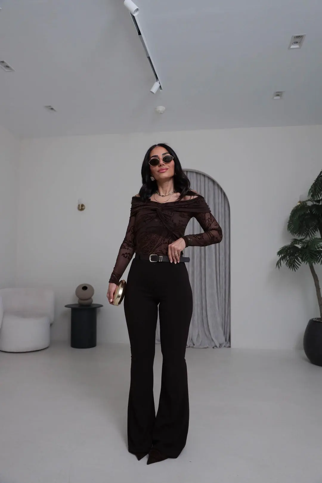 3227 Kadife Baskılı Omuz Detay Bluz KAHVE