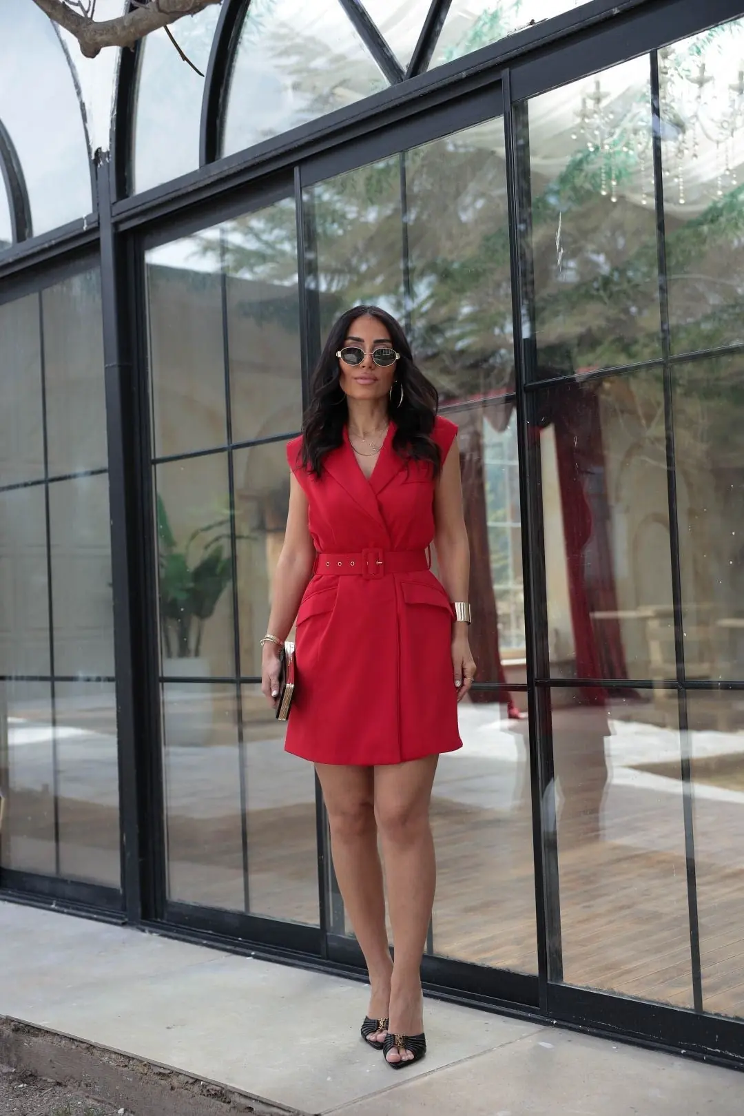 7281 Beli Kemerli Mini Elbise KIRMIZI