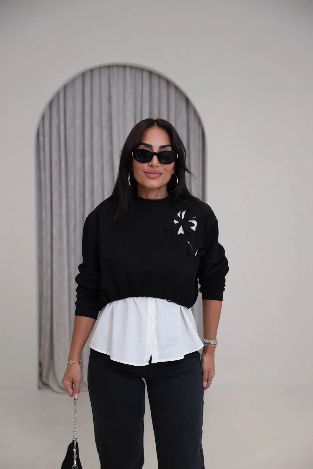 1154 Nakış Gömlek Detaylı Sweatshirt SİYAH - SİYAH