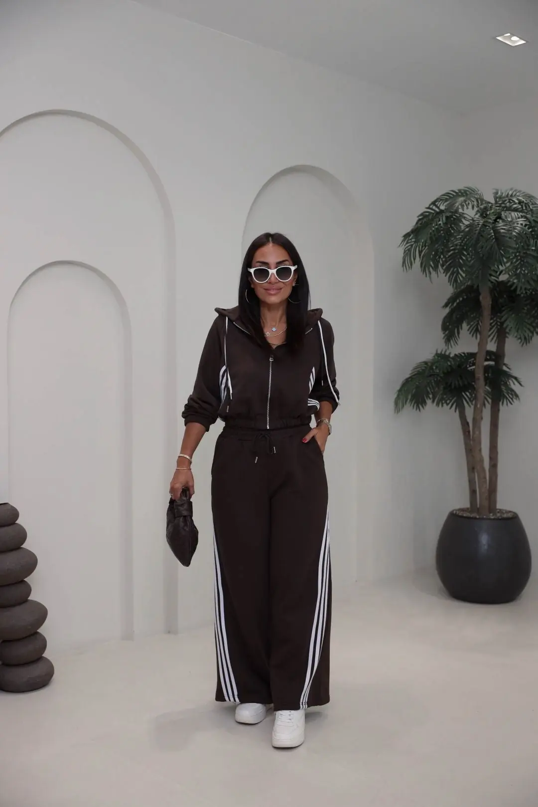 4285 Şerit Detaylı Fermuarlı Sweat Pantolon Takım KAHVE