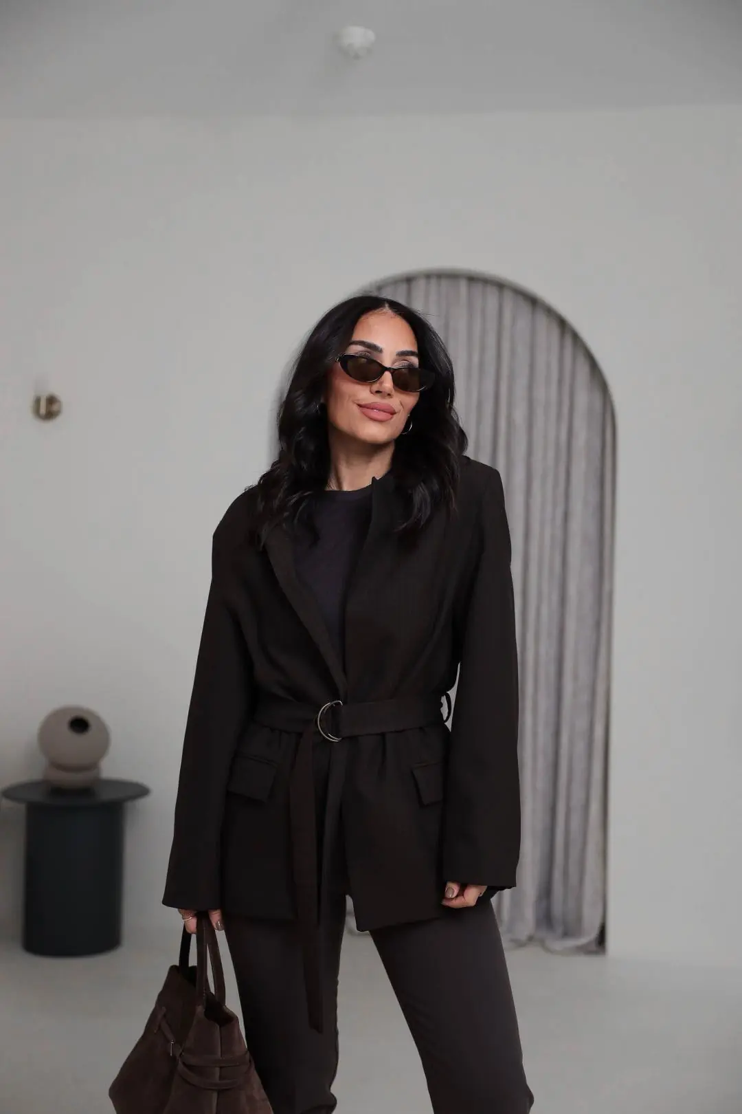1284 Vatkalı Kemerli Balıksırtı Blazer Ceket KAHVE