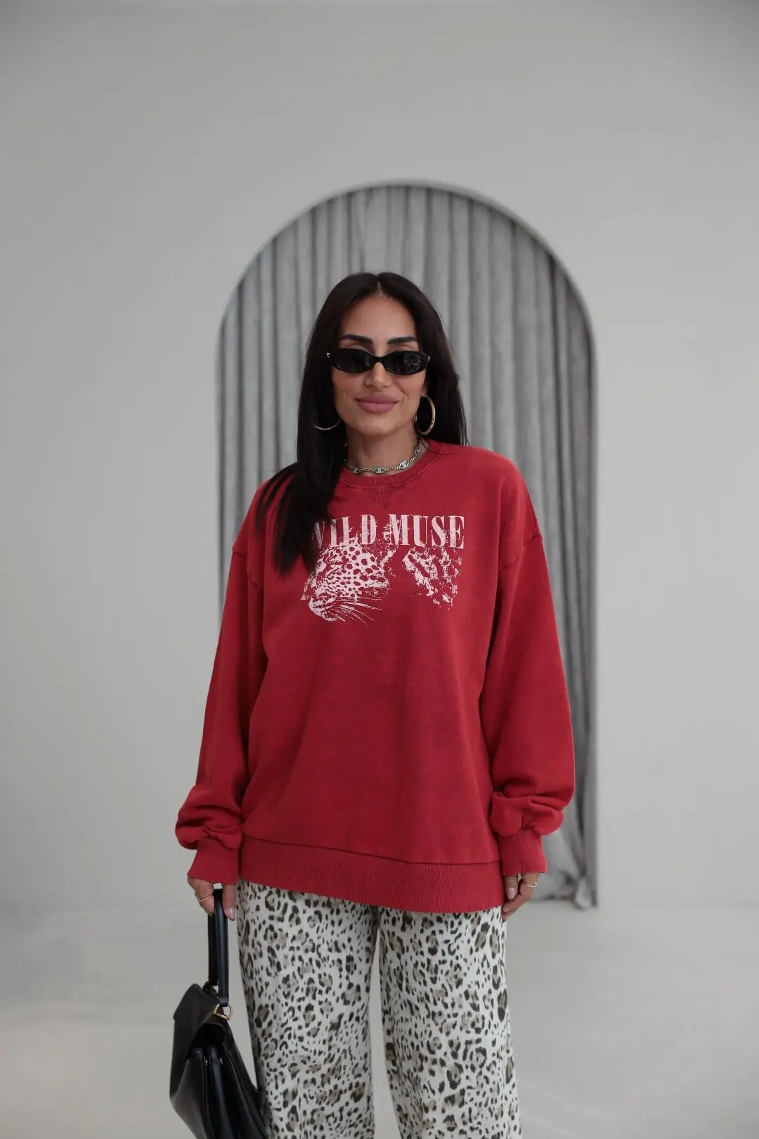 9106 Kaplan Baskılı Ribanalı İki İplik Sweatshirt KIRMIZI - KIRMIZI