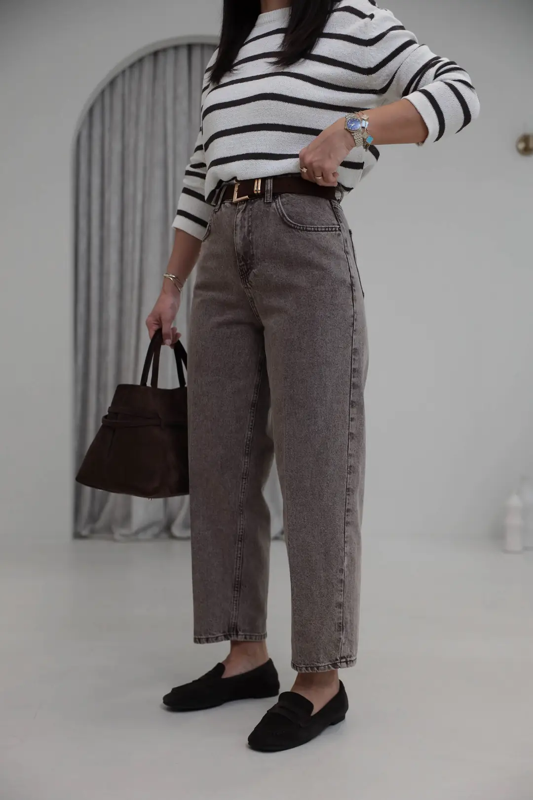 3010 Süet Kemerli Mom Jean YIKAMALI KAHVE