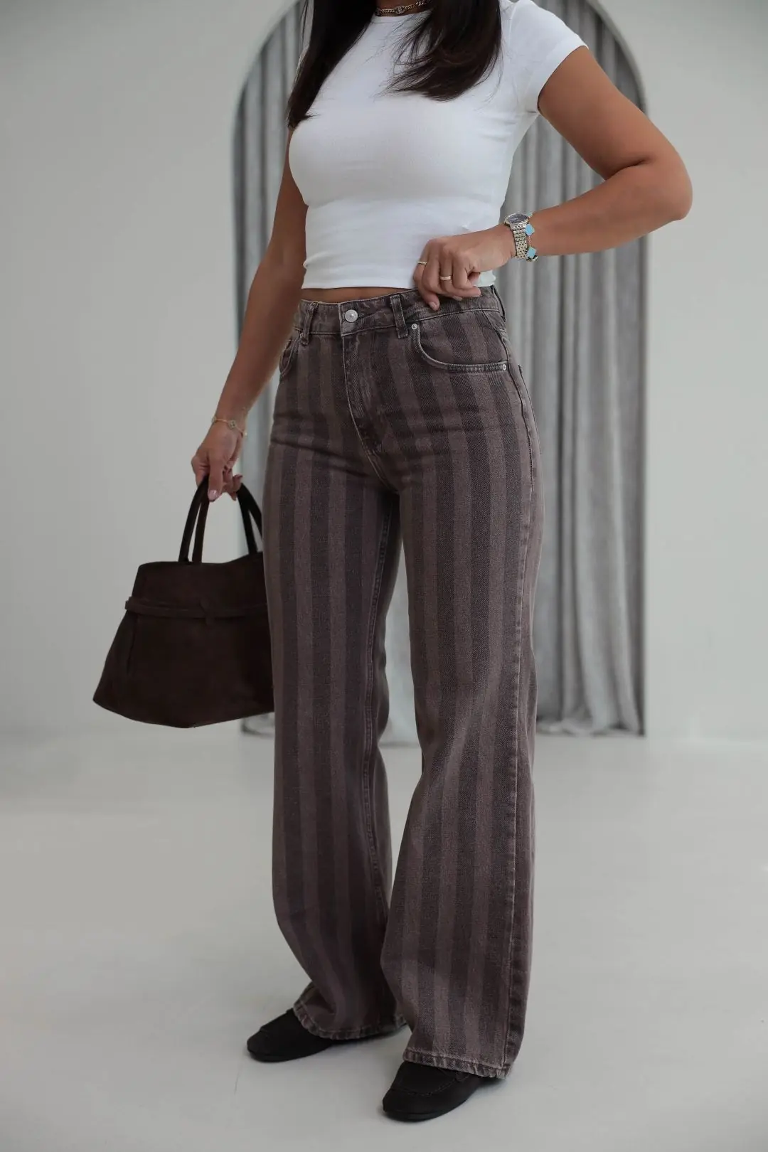 2371 Çizgili Wide Leg Jean KAHVE - KAHVE
