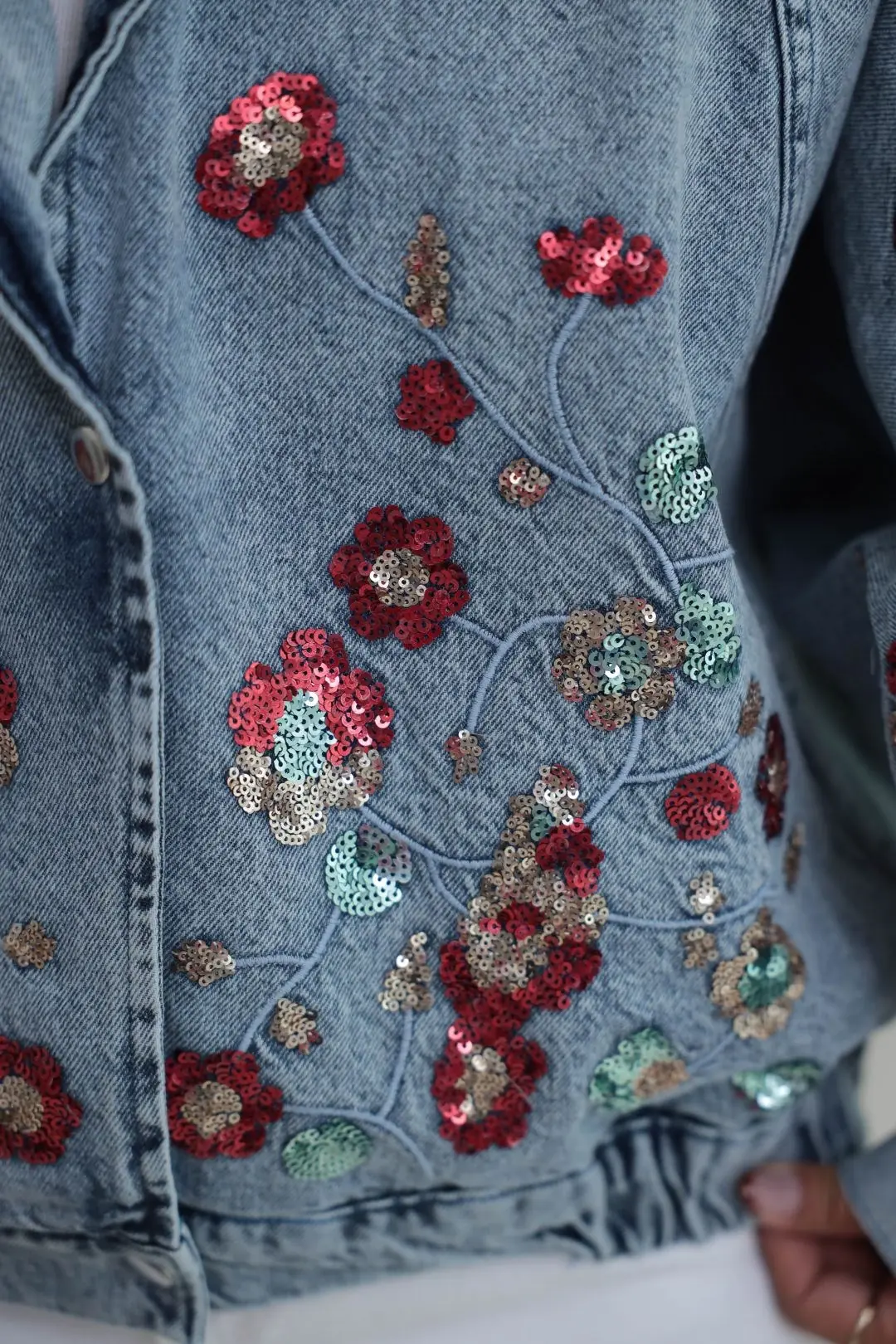 5908 Nakışlı Pul Detaylı Kot Ceket MAVİ