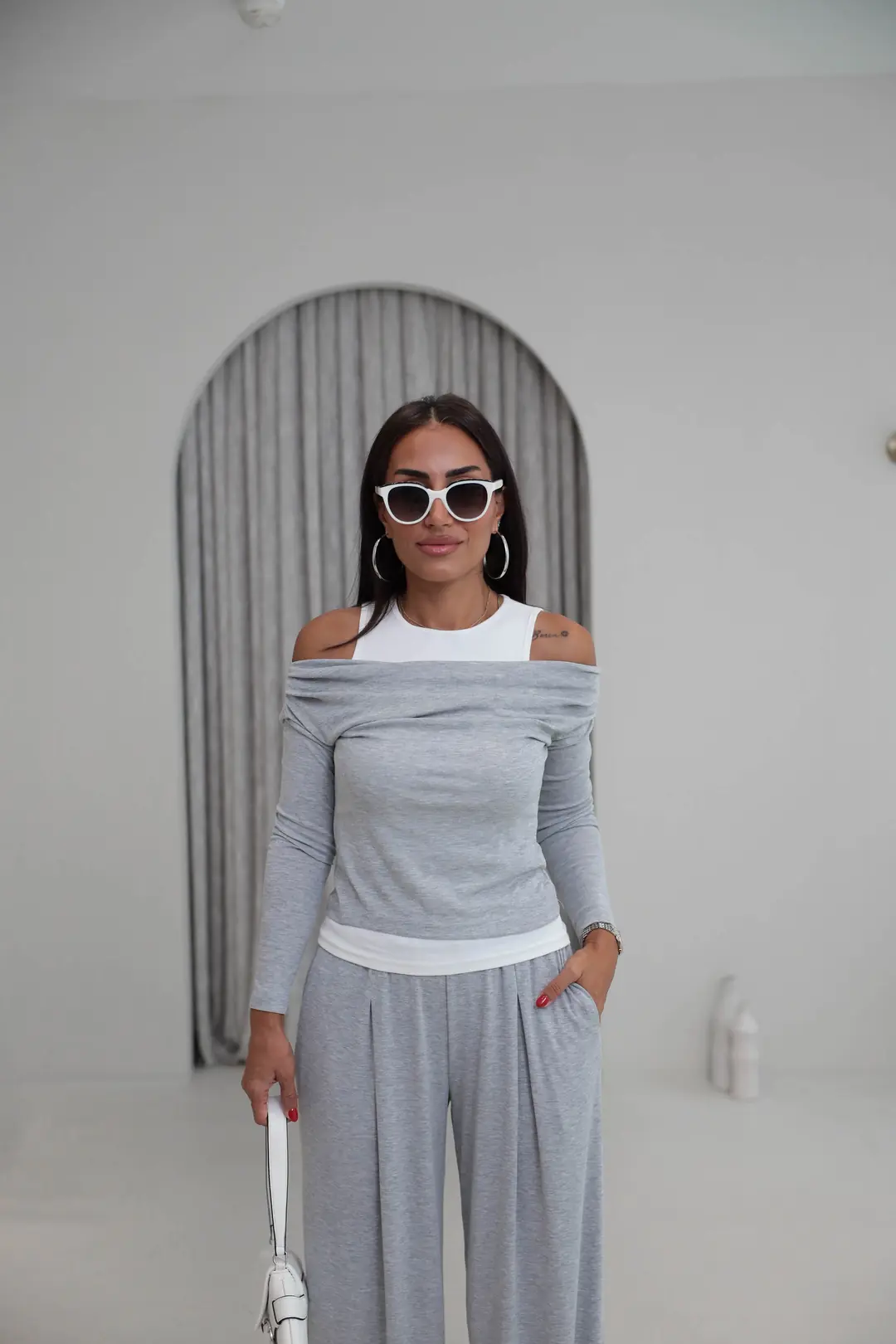 2779 Atlet Detaylı Dökümlü Bluz Pantolon Takım GRİ MELANJ