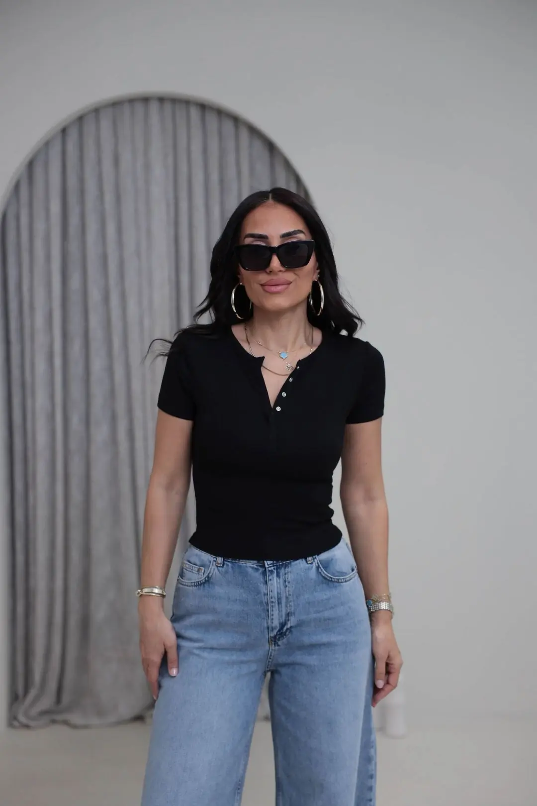 1704 Çıtçıt Düğmeli Kısa Kol Modal Tshirt SİYAH
