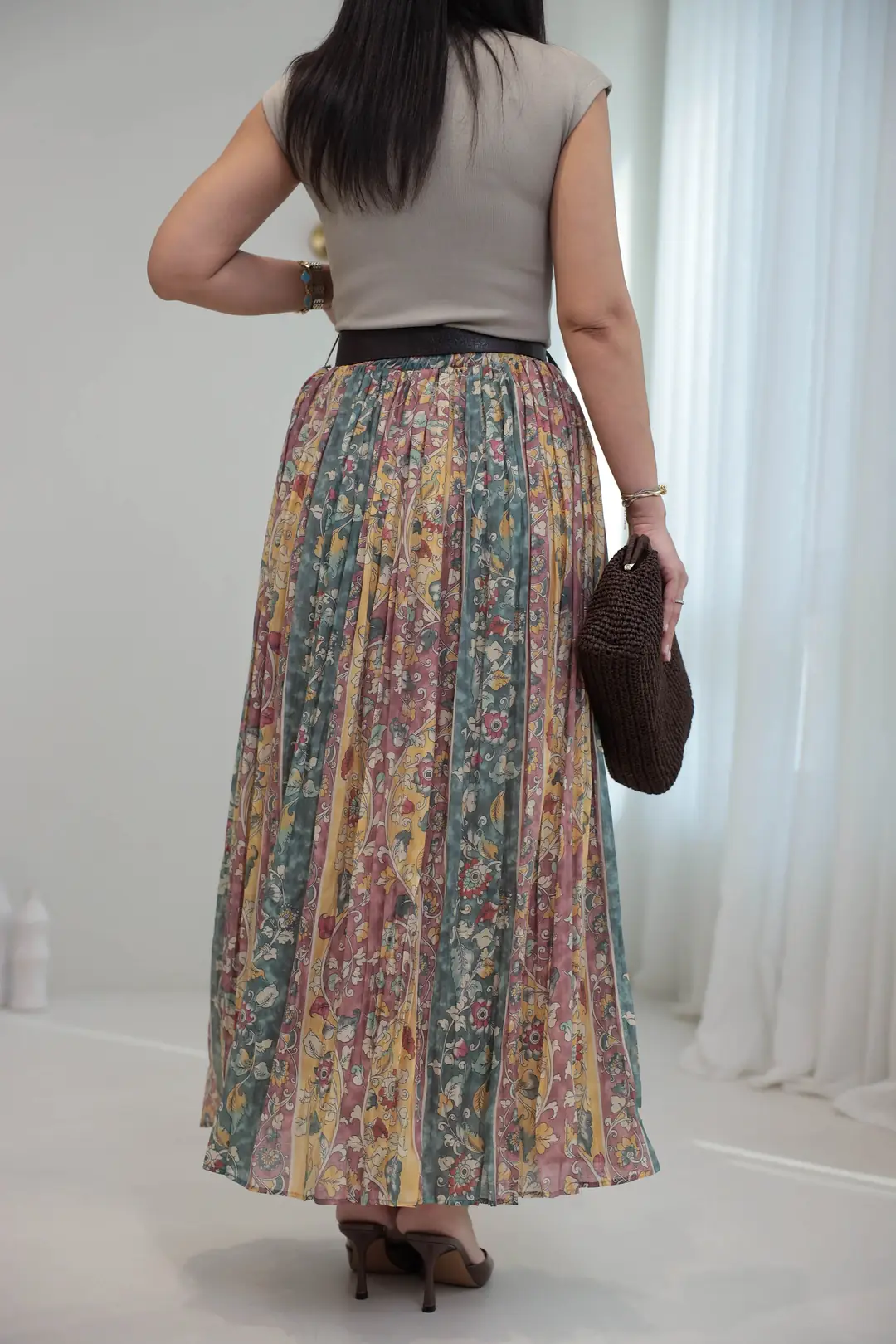 3374 Kemerli Pliseli Desenli Maxi Etek YEŞİL