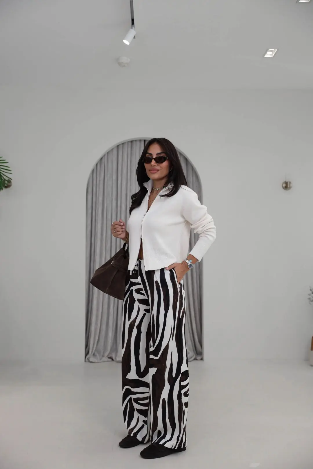 9177 Zebra Desen Saten Kumaş Bel Lastikli Pantolon SİYAHBEYAZ