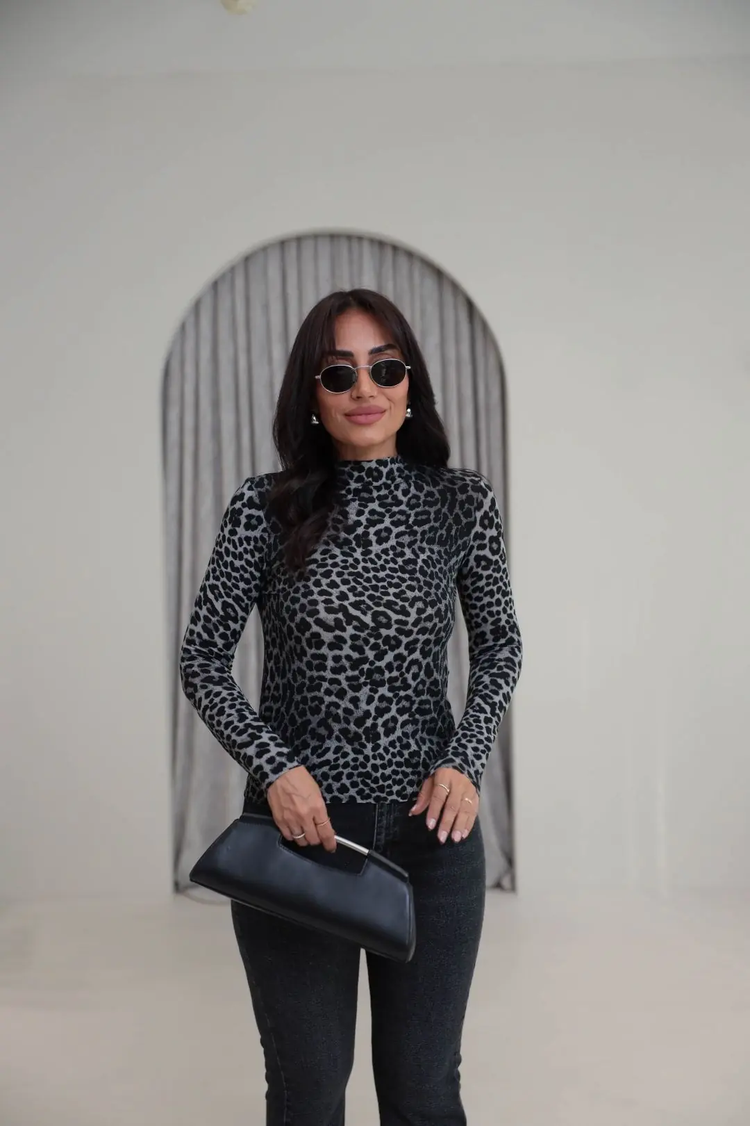 9141 Leopar Desen Bluz ANTRASİT
