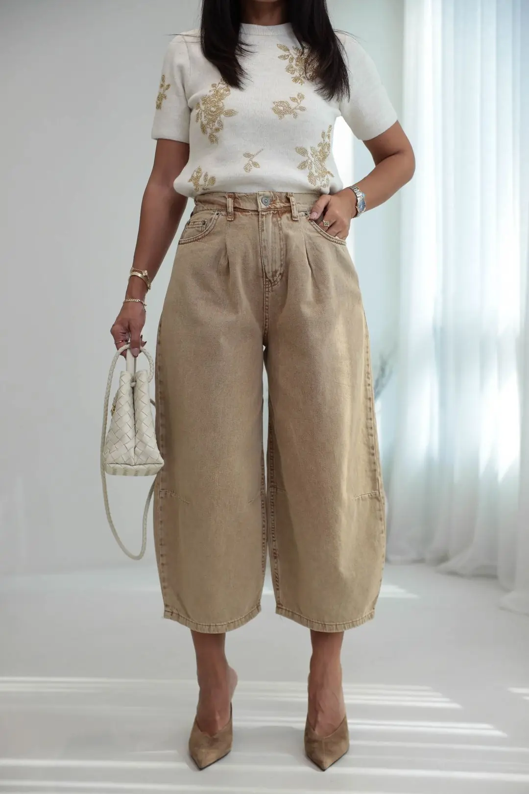 0107 Bel Lastikli Yüksek Bel Rahat Kesim Denim Pantolon CAMEL - CAMEL
