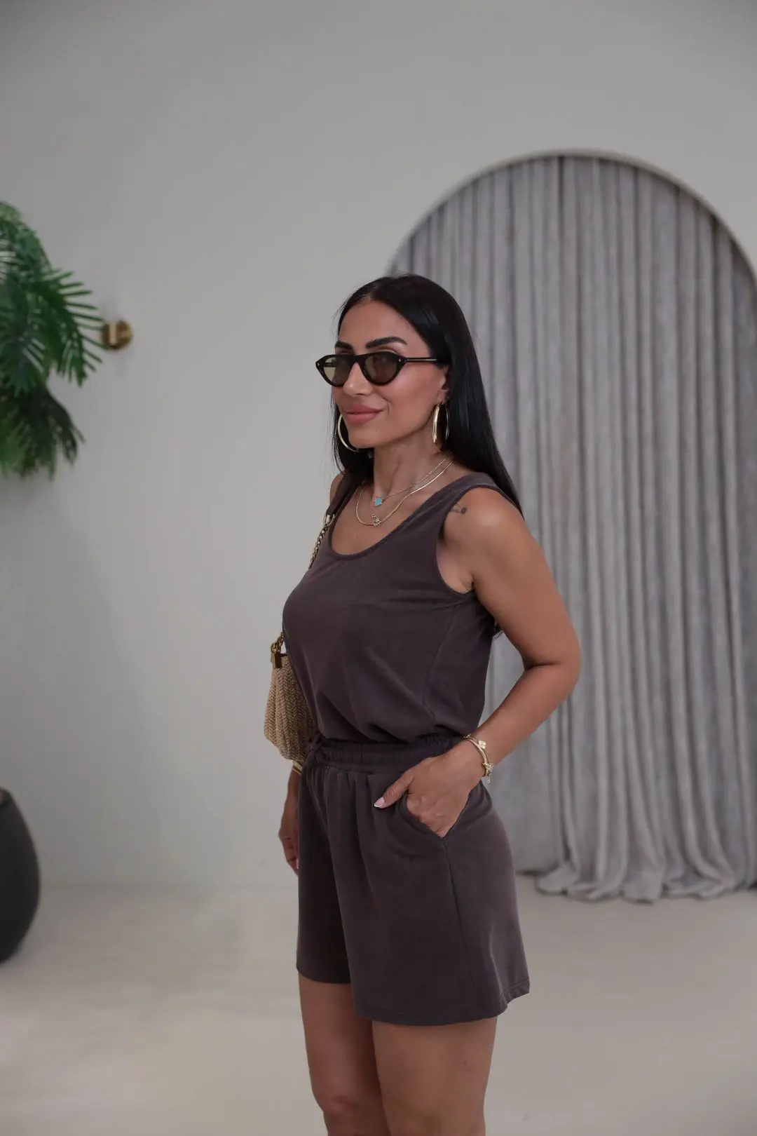 2464 Kalın Askılı Şortlu Tencel Takım KAHVE