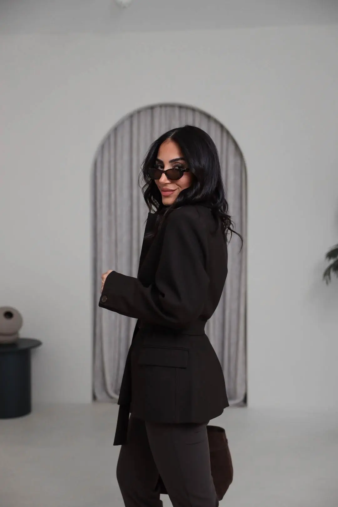 1284 Vatkalı Kemerli Balıksırtı Blazer Ceket KAHVE