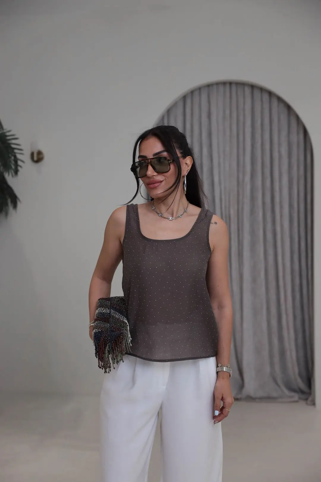 8241 Kalın Askılı Serpme Taşlı Tencel Atlet KAHVE