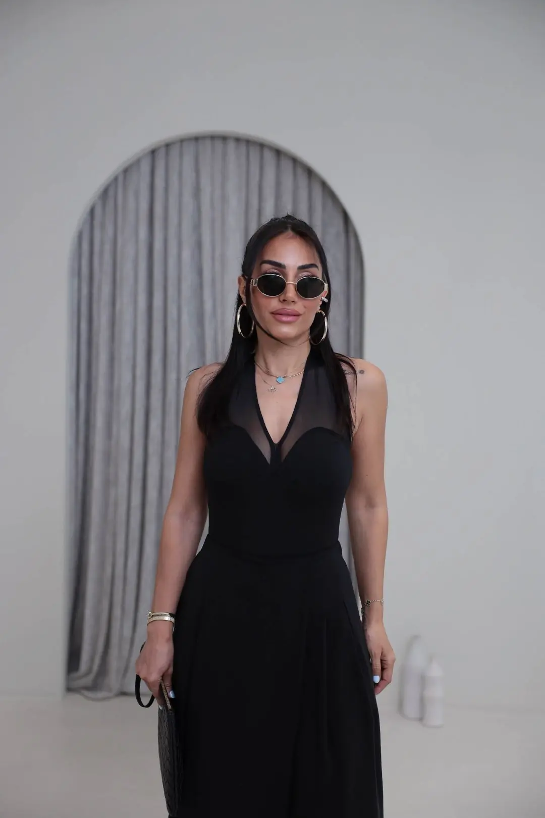 Boyundan Geçmeli Tül Garnili Bodysuit SİYAH