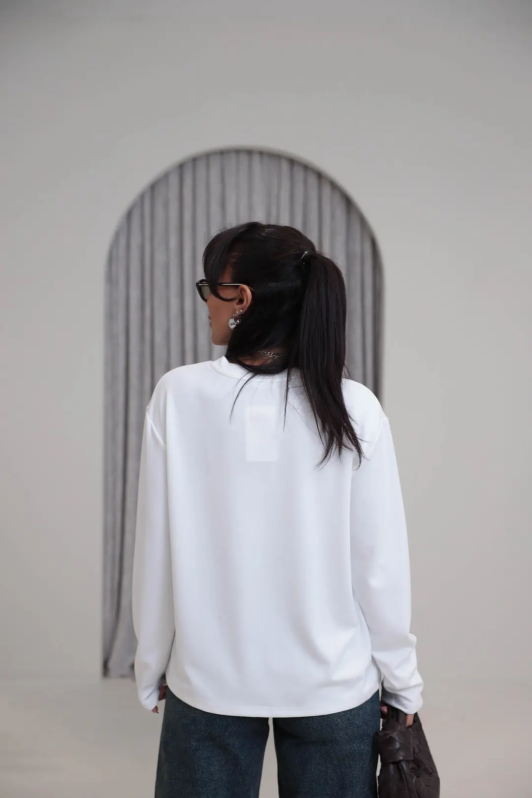 1448 Bisiklet Yaka uzun Kollu Oversize Tshirt BEYAZ