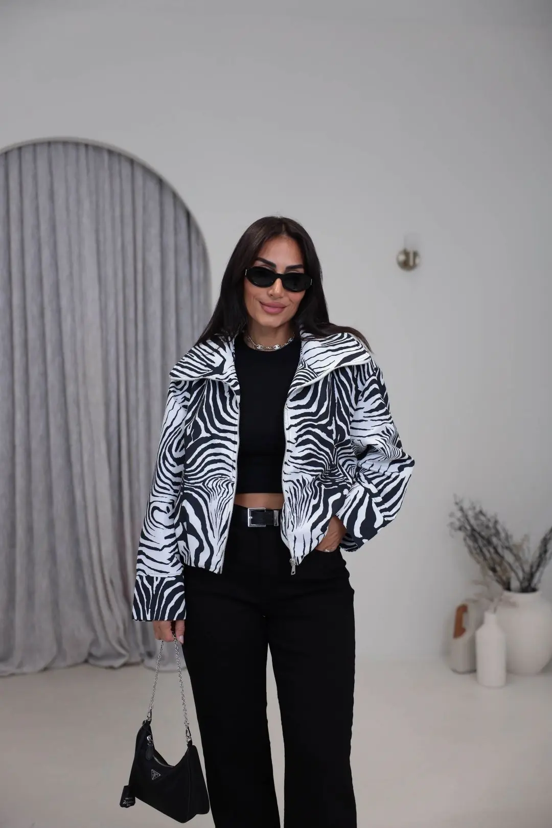 9450 Zebra Desen Fermuarlı Bel Lastikli Ceket SİYAHBEYAZ