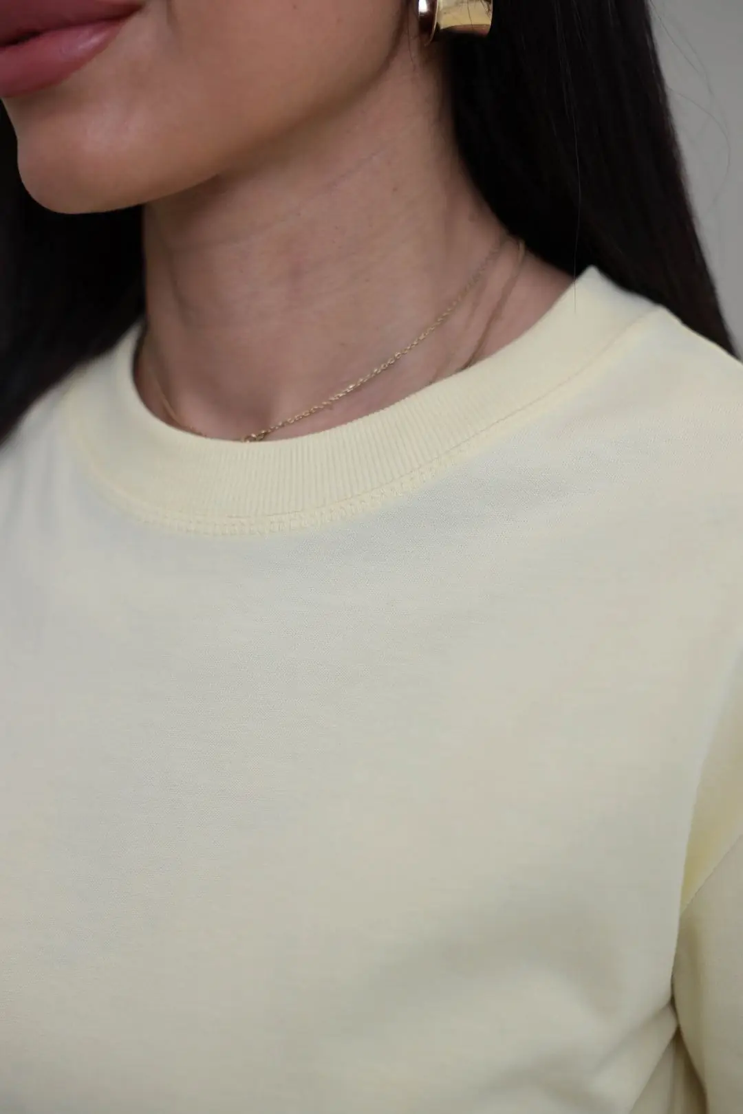 0312 Dekoratif Dikişli Pamuklu Tshirt AÇIK SARI