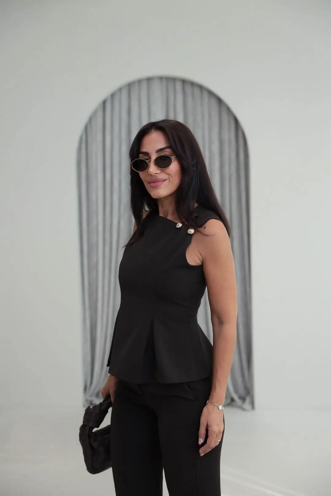 9215 Omuz Düğme Detaylı Bluz & Pantolon Takım KOYU KAHVE
