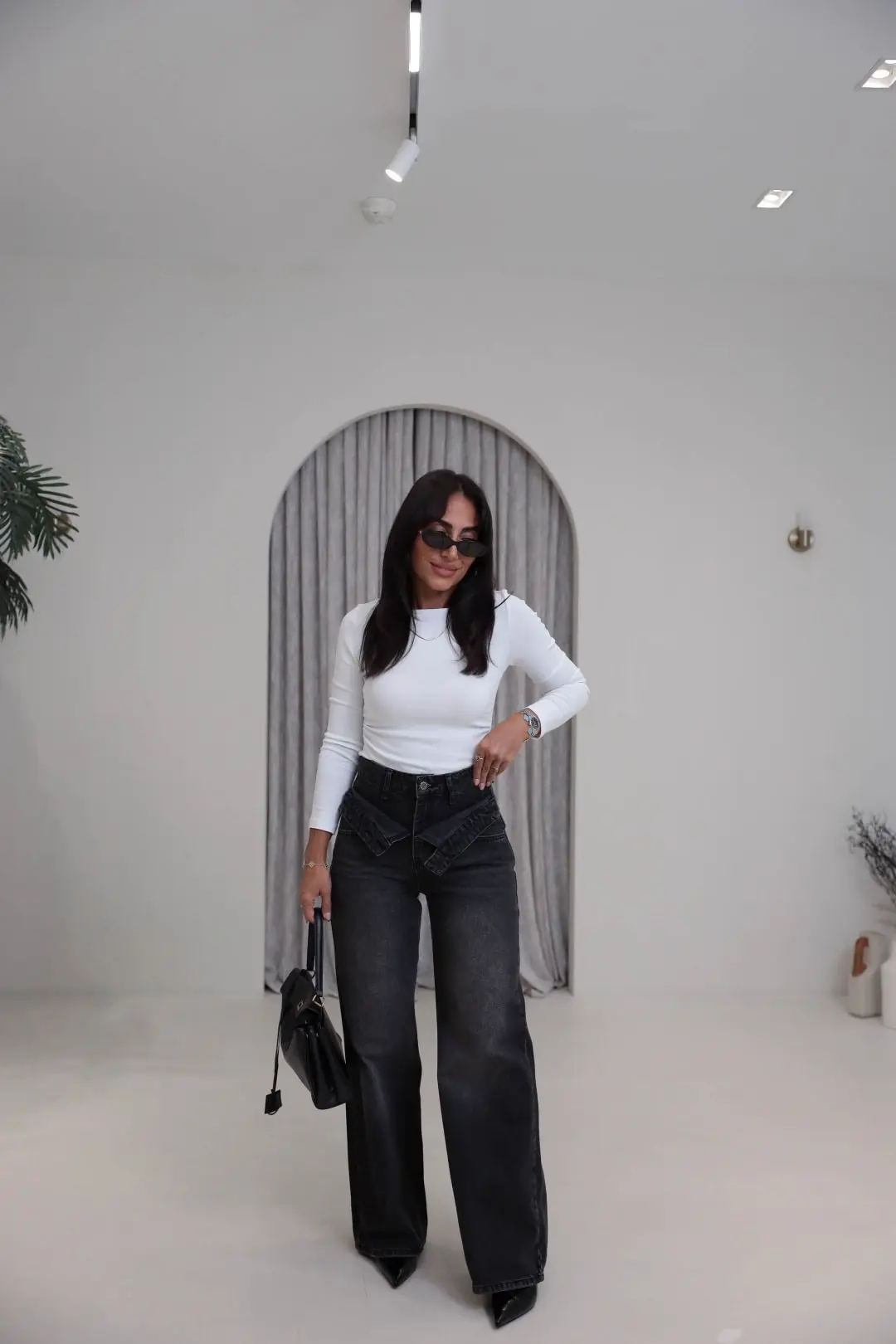 1065 Asimetrik Bel Detaylı Palazzo Denim Pantolon YIKAMALI SİYAH