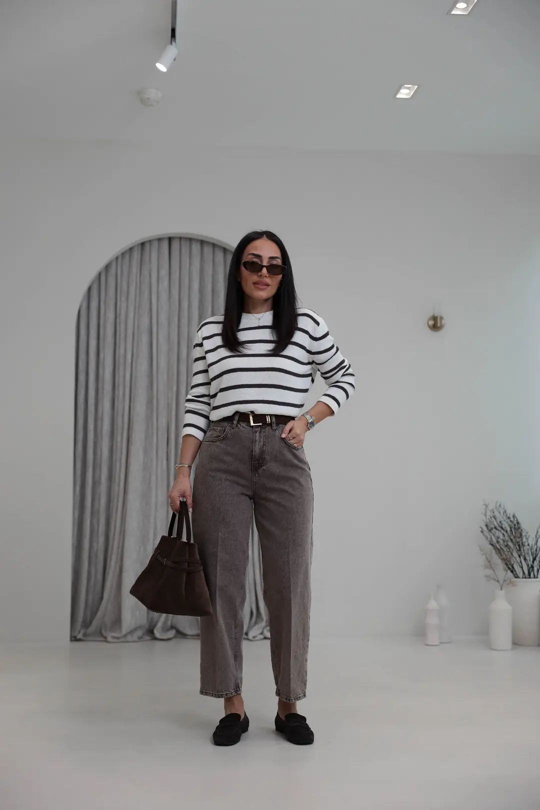 3010 Süet Kemerli Mom Jean YIKAMALI KAHVE