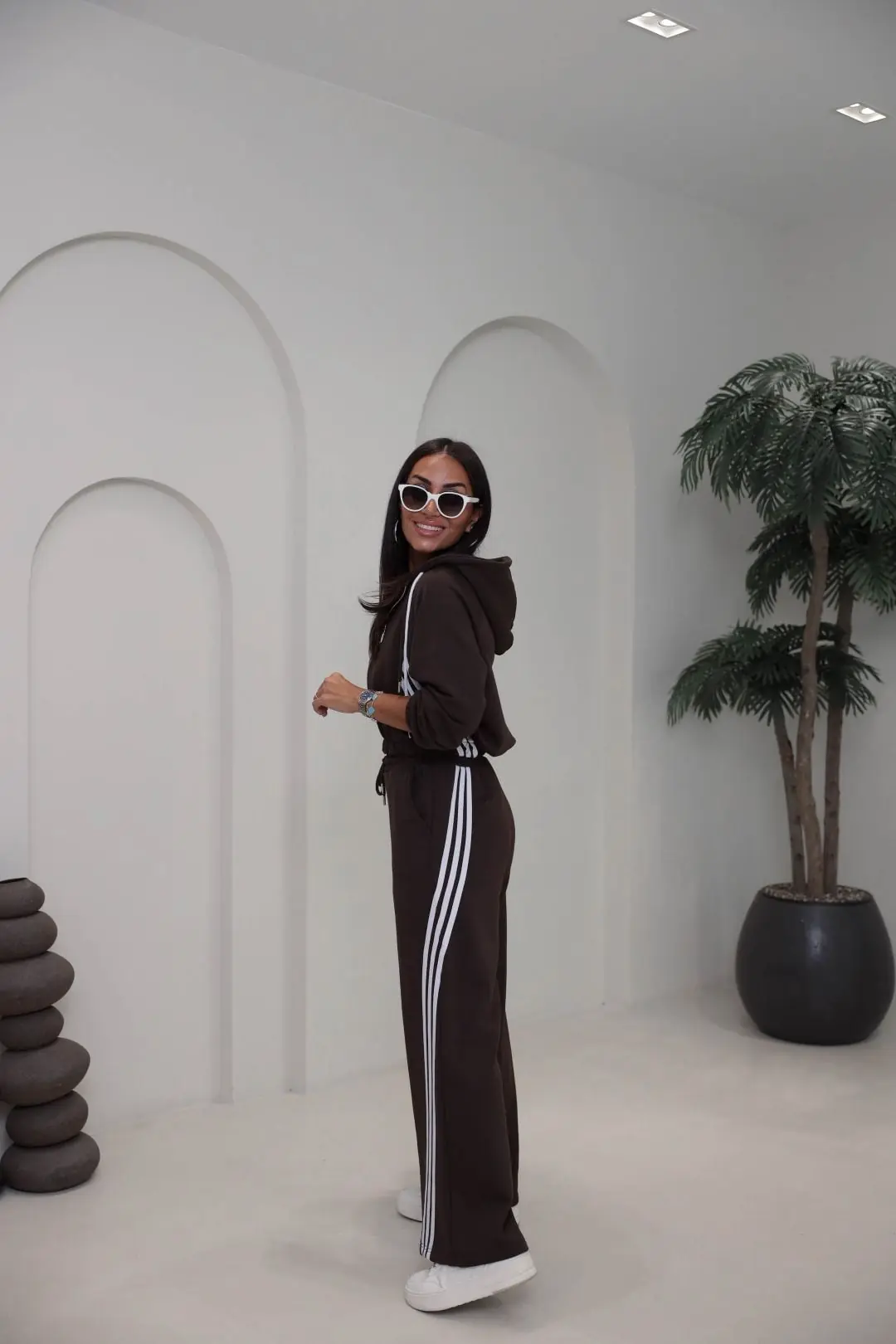 4285 Şerit Detaylı Fermuarlı Sweat Pantolon Takım KAHVE