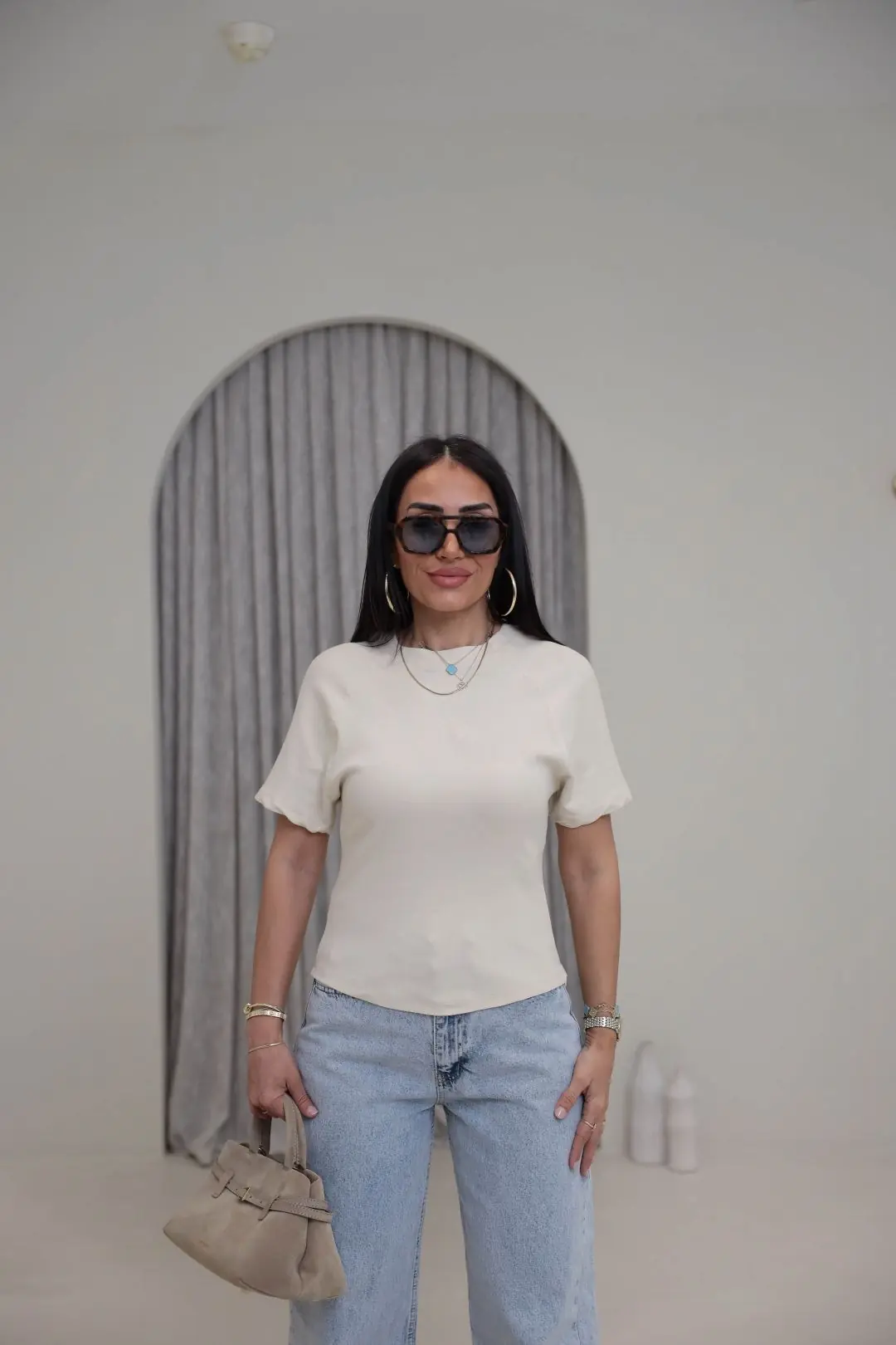 2322 Reglan Kol Yandan Fermuarlı Pamuklu Tshirt BEJ