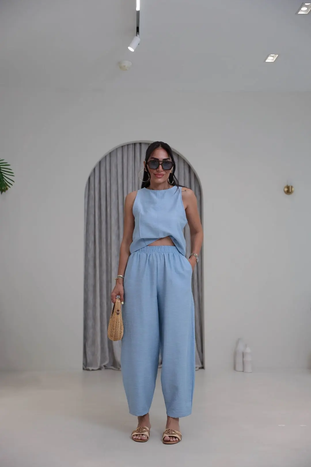 8568 Sıfır Kol Bluz Pantolon Takım BEBE MAVİ