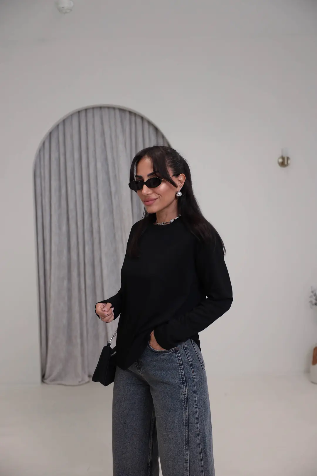 1448 Bisiklet Yaka uzun Kollu Oversize Tshirt SİYAH