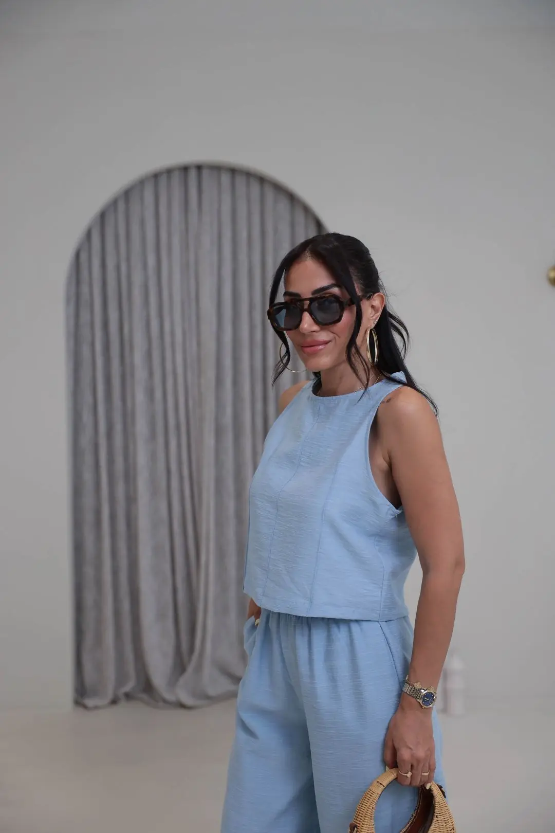 8568 Sıfır Kol Bluz Pantolon Takım BEBE MAVİ