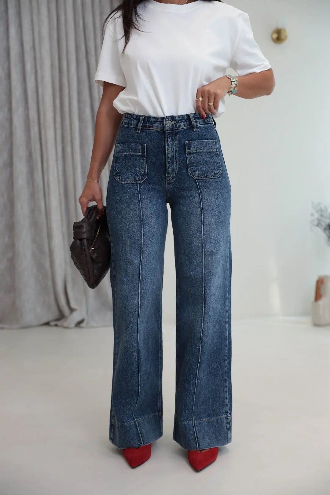 1040 Ön Cep ve Paça Detaylı Wide Leg Jean MAVİ