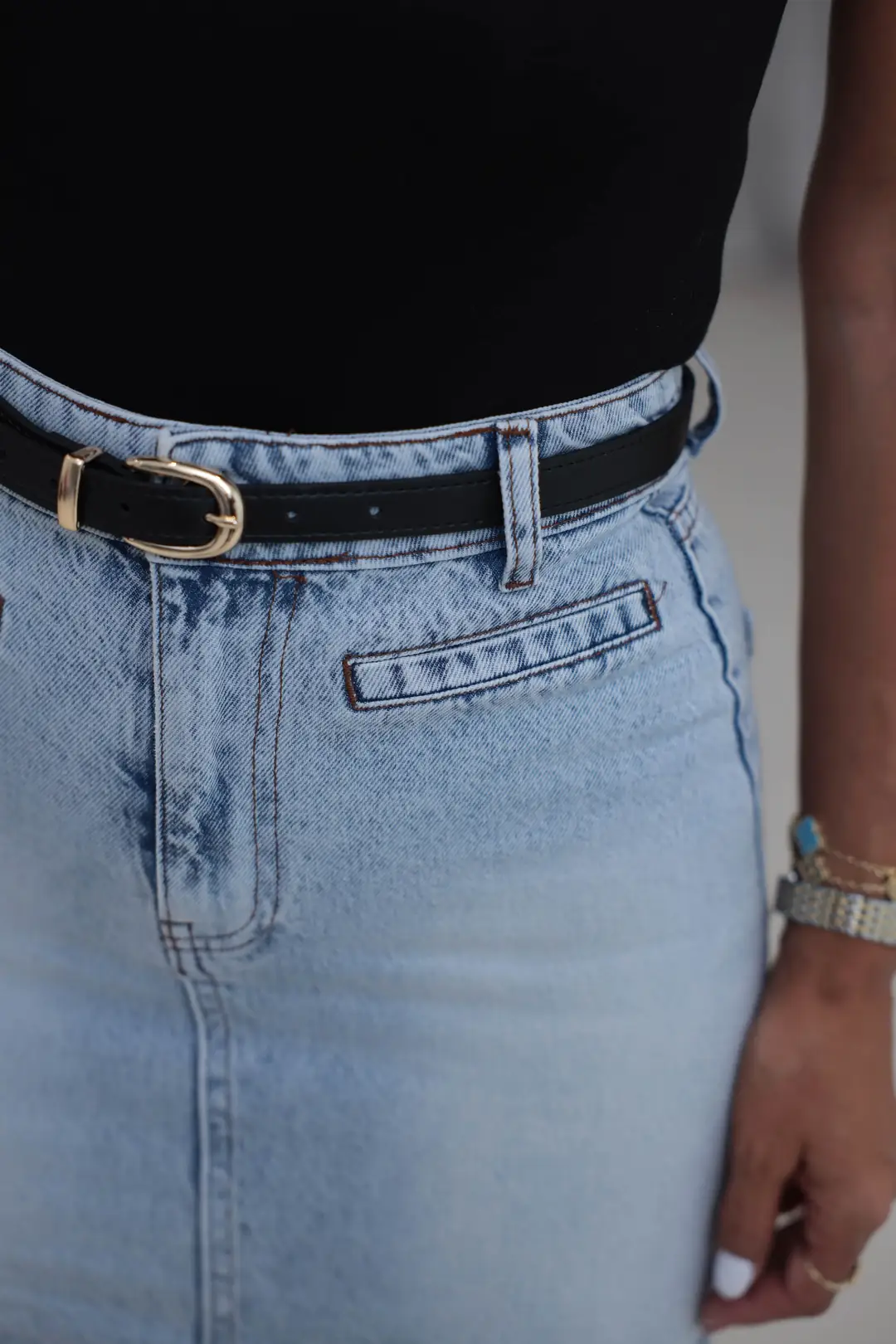 202 Ön Cep Detaylı Kemerli Mini Denim Etek BUZ MAVİ