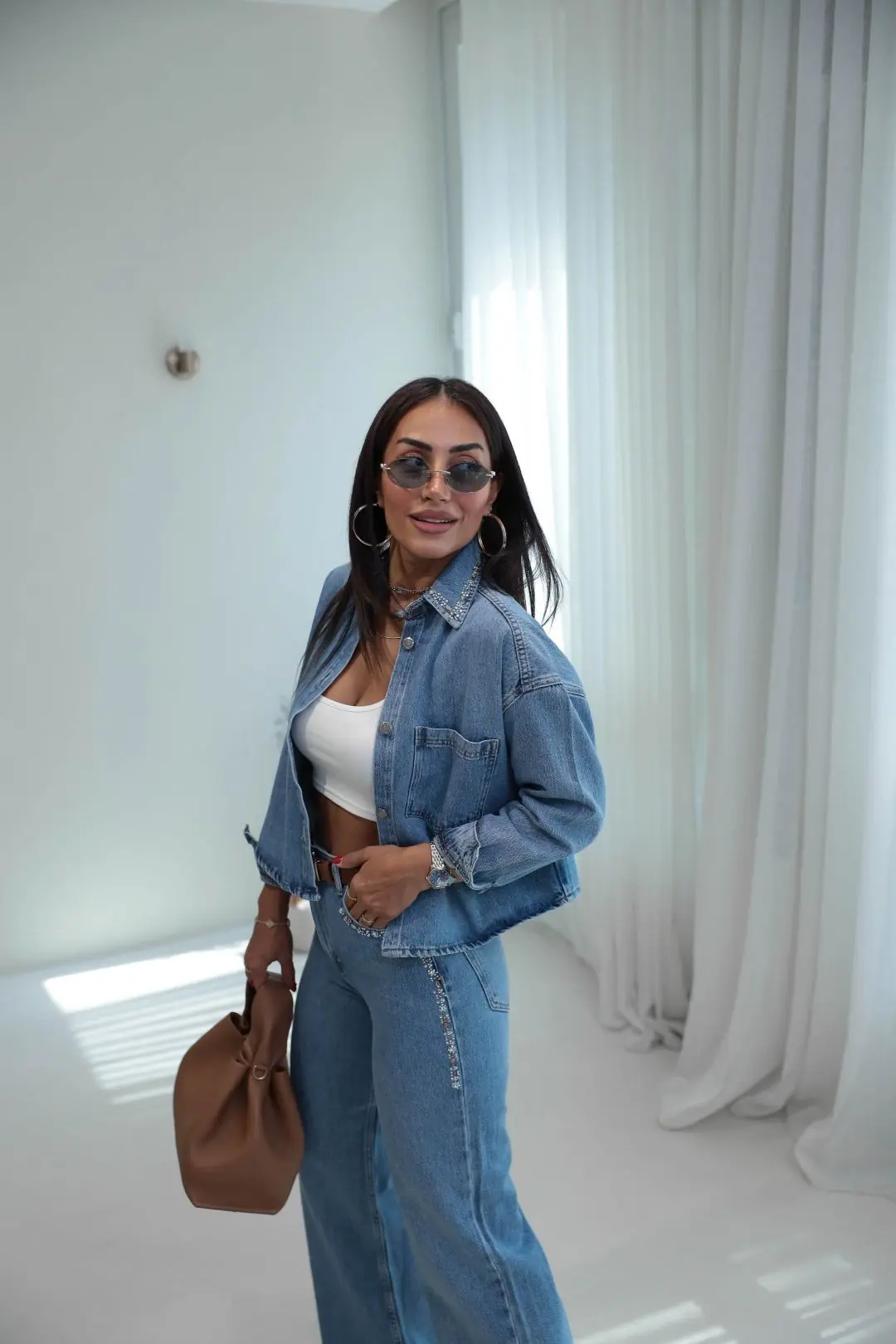 8405 Gömlek ve Pantolonu Taşlı Denim Takım MAVİ