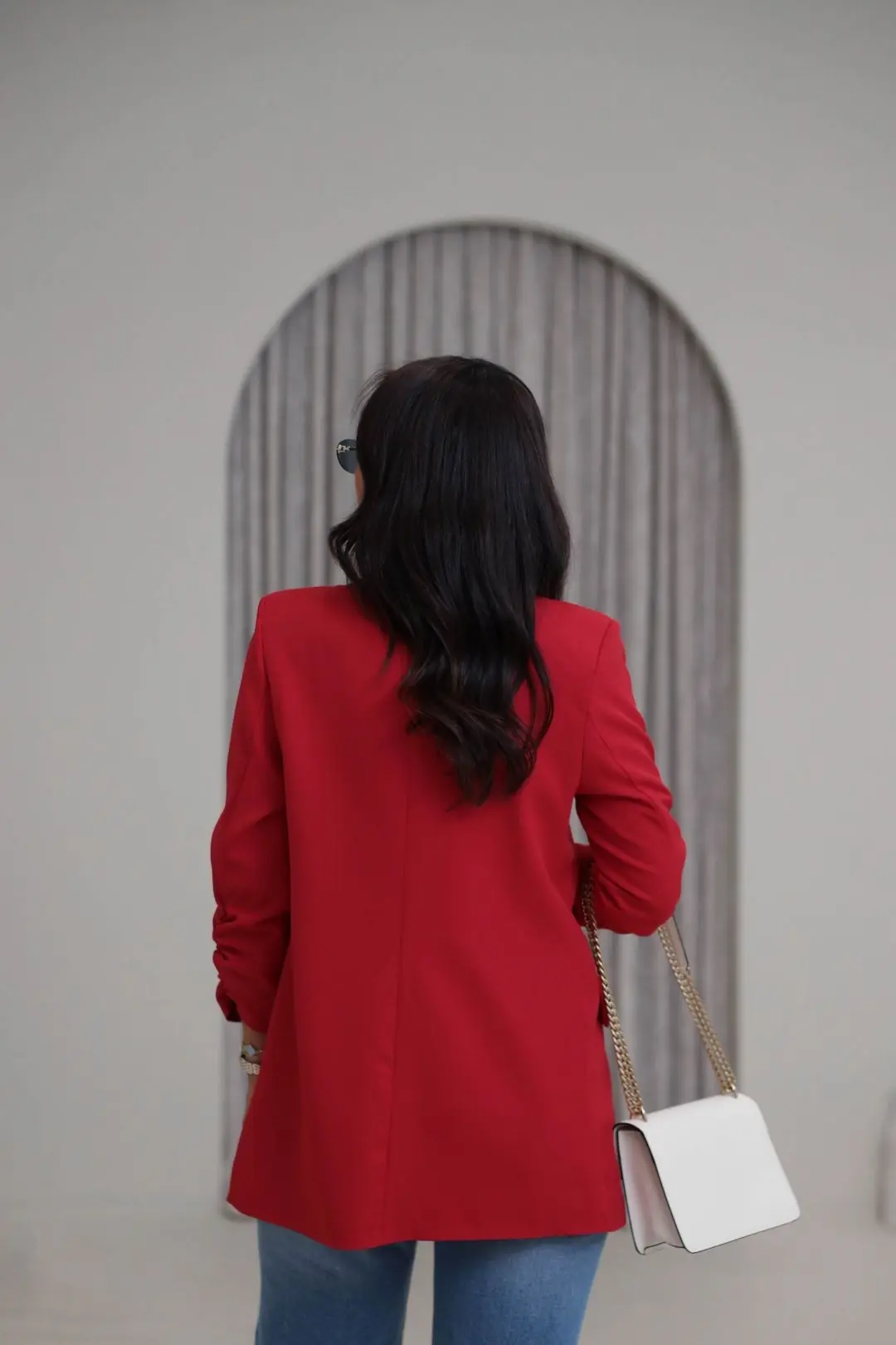 3101Y Vatkalı Kolları Büzgülü Blazer Ceket KIRMIZI