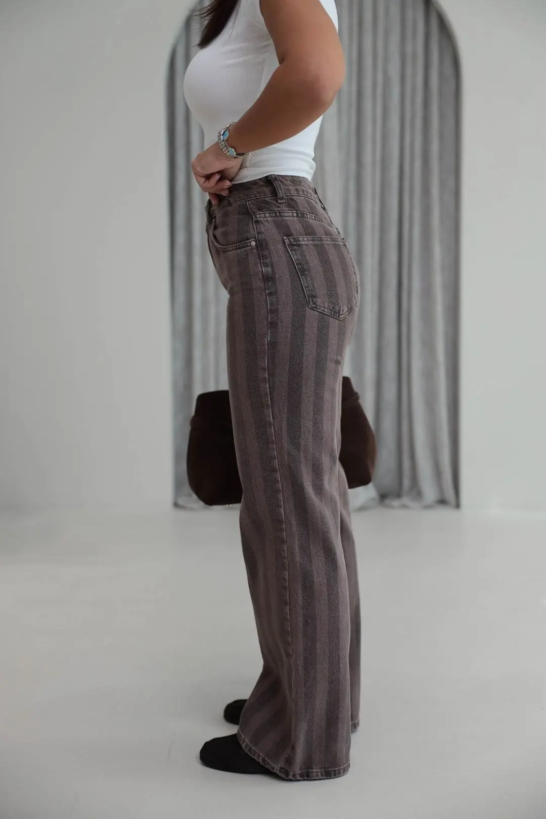 2371 Çizgili Wide Leg Jean KAHVE