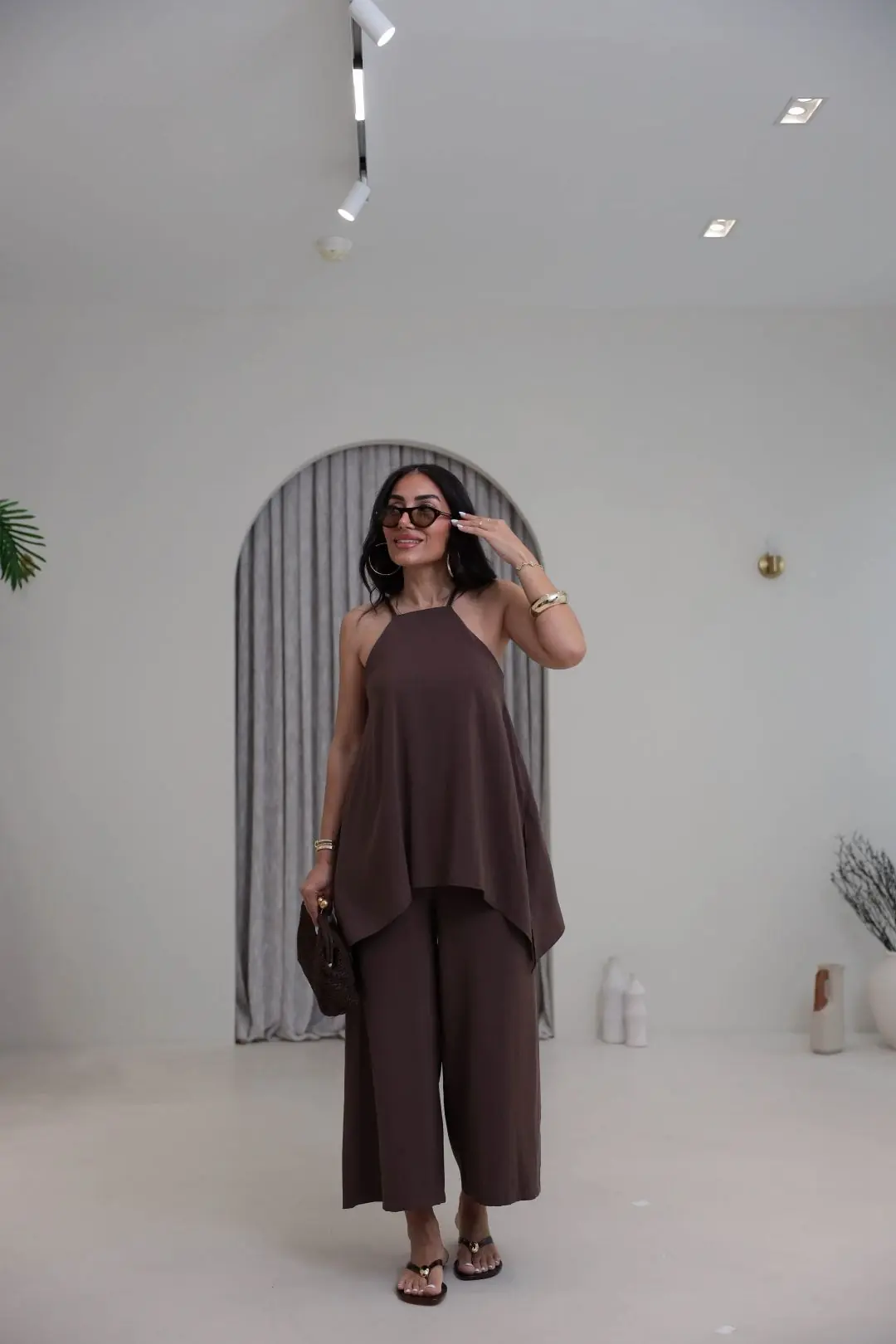 Deri Örgü Askılı Asimetrik Kesim Tencel Tulum KAHVE