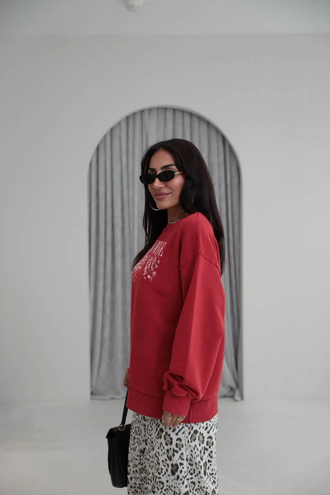 9106 Kaplan Baskılı Ribanalı İki İplik Sweatshirt KIRMIZI