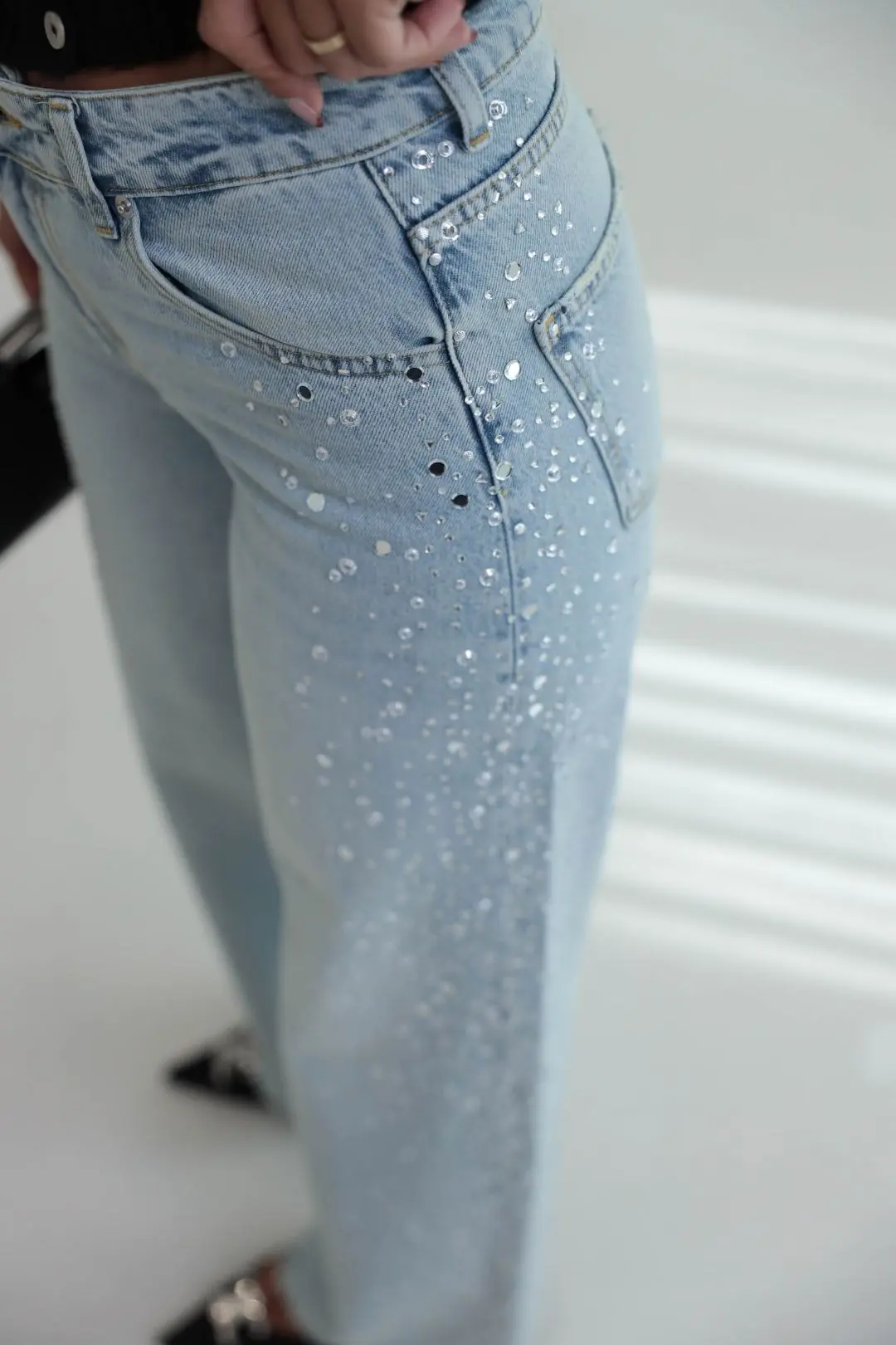 9119 Taş işlemeli Wide Leg jean AÇIK MAVİ