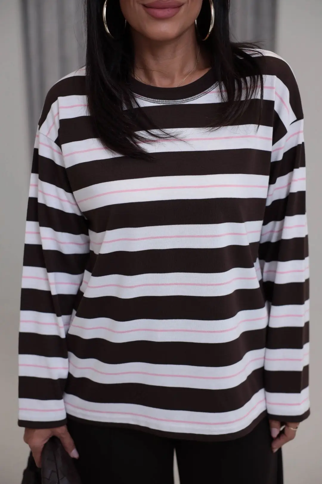6357 Çizgi Detaylı Yumuşak Kumaş Sweatshirt KAHVE
