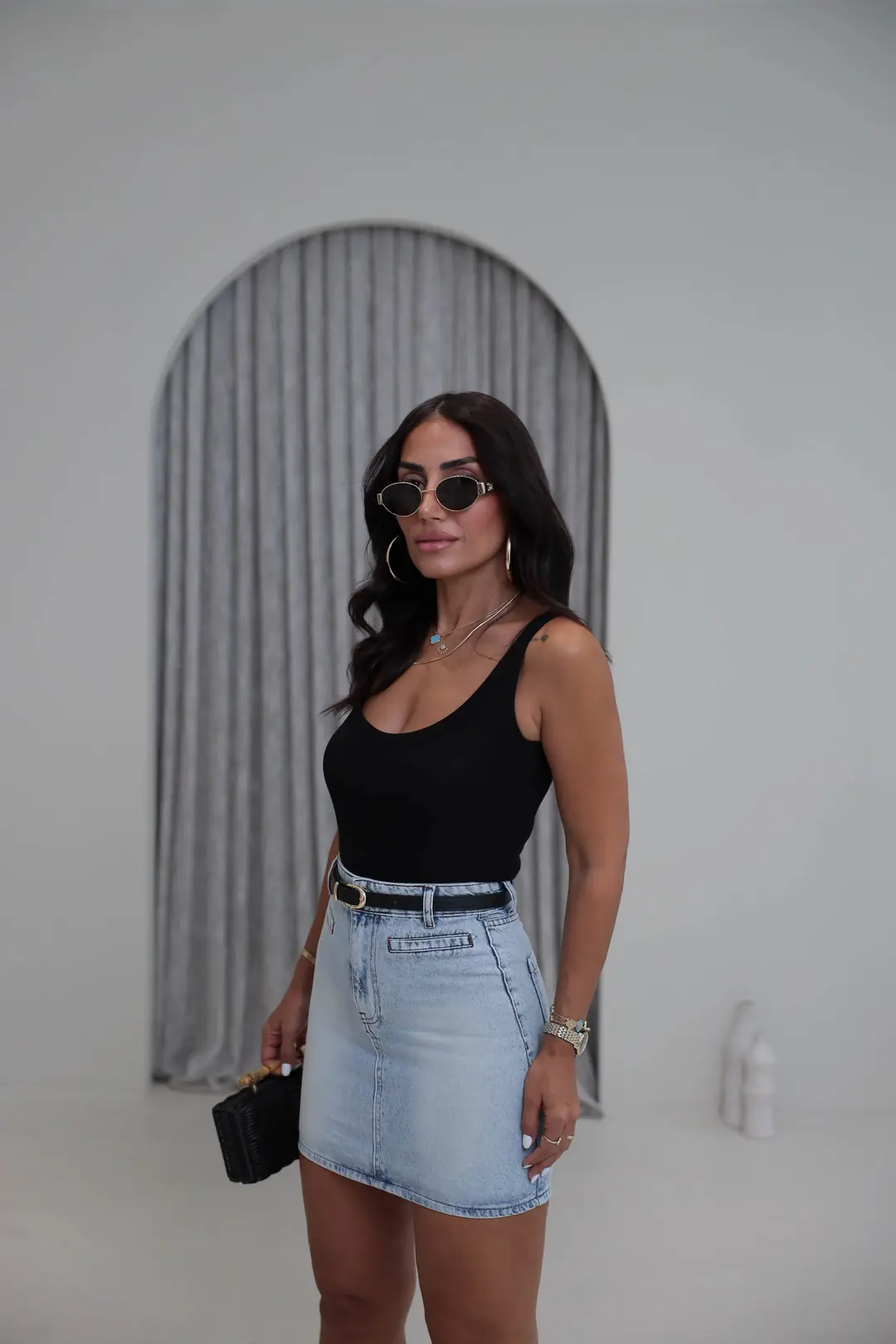 202 Ön Cep Detaylı Kemerli Mini Denim Etek BUZ MAVİ