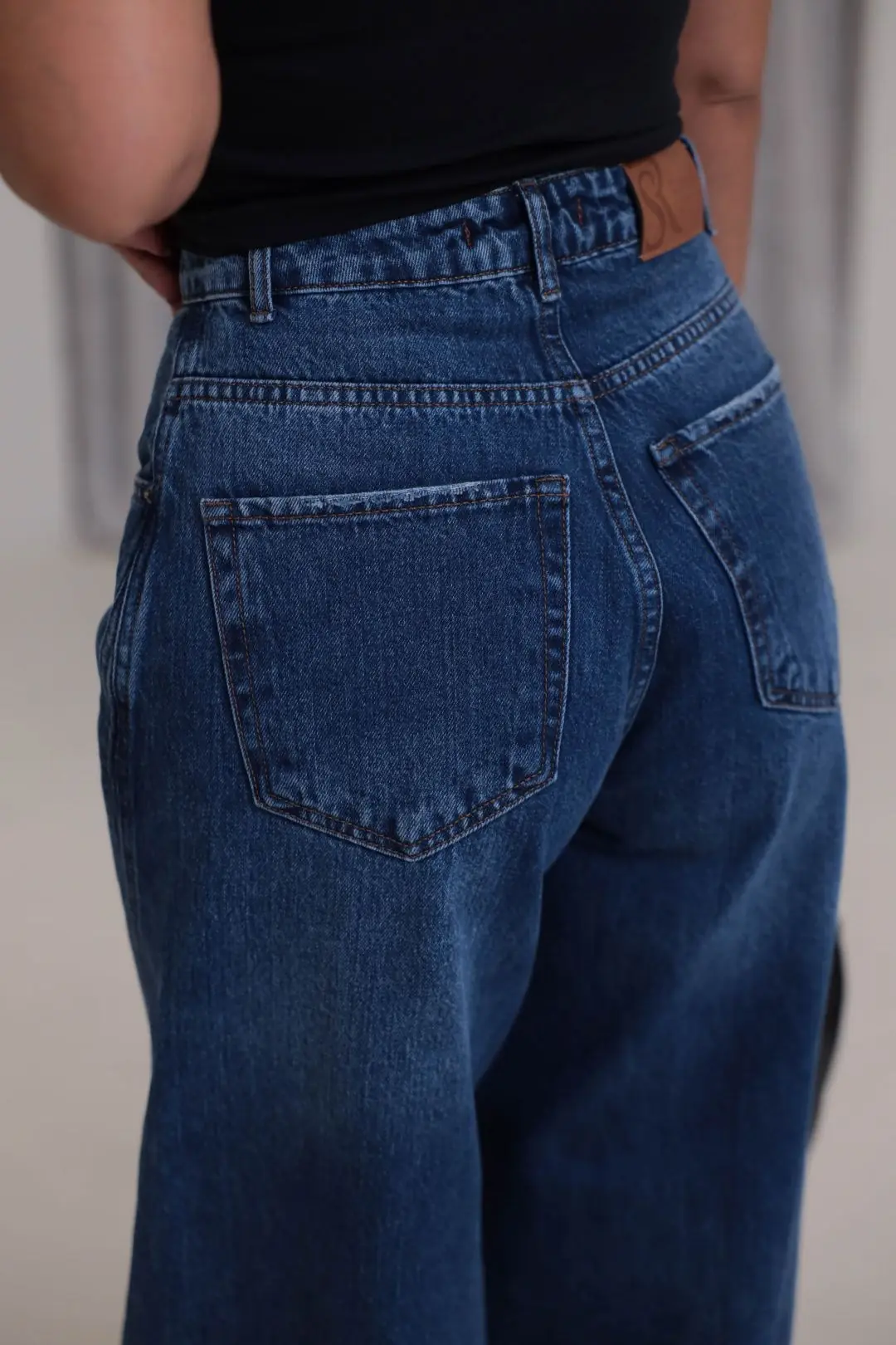 1067 Yanları Dikiş Detaylı Wide Leg Denim Pantolon KOYU MAVİ