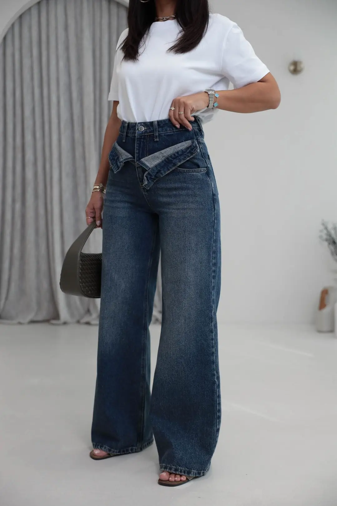 1065 Asimetrik Bel Detaylı Palazzo Denim Pantolon TİNTLİ MAVİ