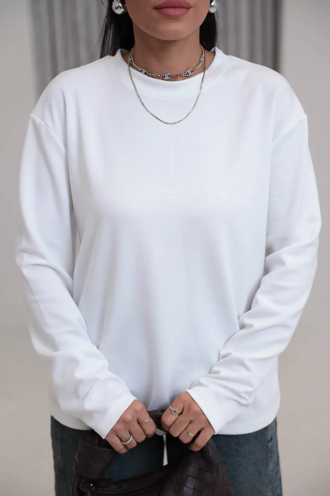 1448 Bisiklet Yaka uzun Kollu Oversize Tshirt BEYAZ