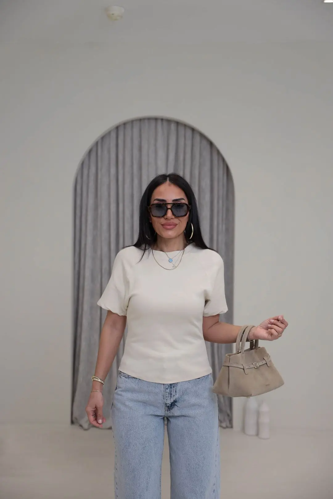 2322 Reglan Kol Yandan Fermuarlı Pamuklu Tshirt BEJ
