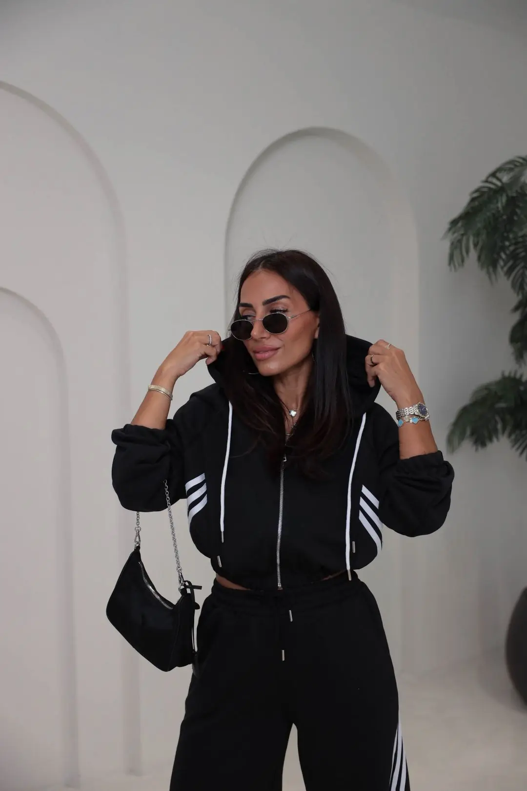 4285 Şerit Detaylı Fermuarlı Sweat Pantolon Takım SİYAH